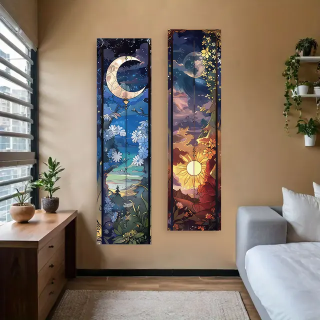 Bannière verticale de paysage, tapisserie soleil et lune, arbre de vie, décoration murale florale de nuit étoilée, tapisserie esthétique, décoration de maison 4