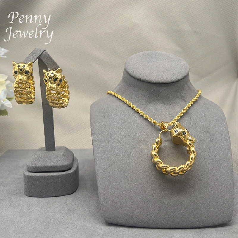 

Animals Leopard Head Texture Pendant Necklace Earrings 24K Gold Plated Jewelry Set for Women African Bridal Party Wedding Gifts