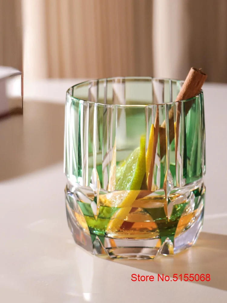 Edo Kiriko Crystal Rock Glass Hand Carving Green Bamboo Liquor Wine Tumbler Top Grade Whiskey Cup Japan Style KAGAMI Design
