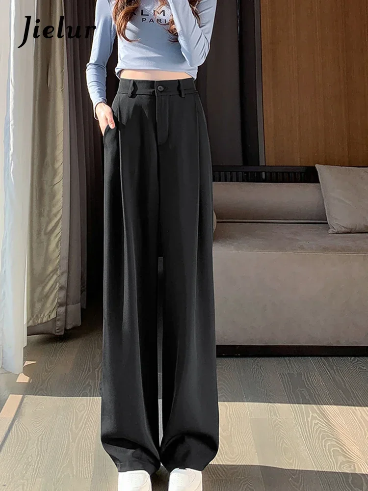Jielur Solid Color Wide Female Leg Pants Spring New High Waist Slim Casual Straight Suit Trouser Woman Korean Style Simple Pants