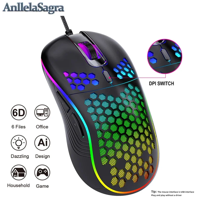 Wired Gaming Mouse Ergonomic RGB Honeycomb Wired Mouse Machinery Optical Sensor Mice For Laptop PC Desktop Compater Gamer
