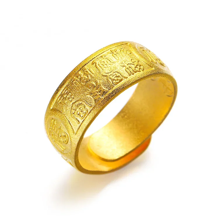 

Fashion Long standing Gold plated Ring Men's Six character True Words Fortune Wide faced Impetation Gold Ring Open Finger Ring
