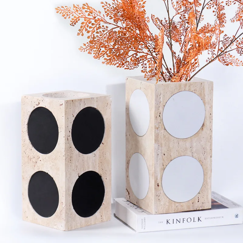 

Natural marble black and white color matching yellow hole stone vase flower model room hotel living room desktop soft decoration