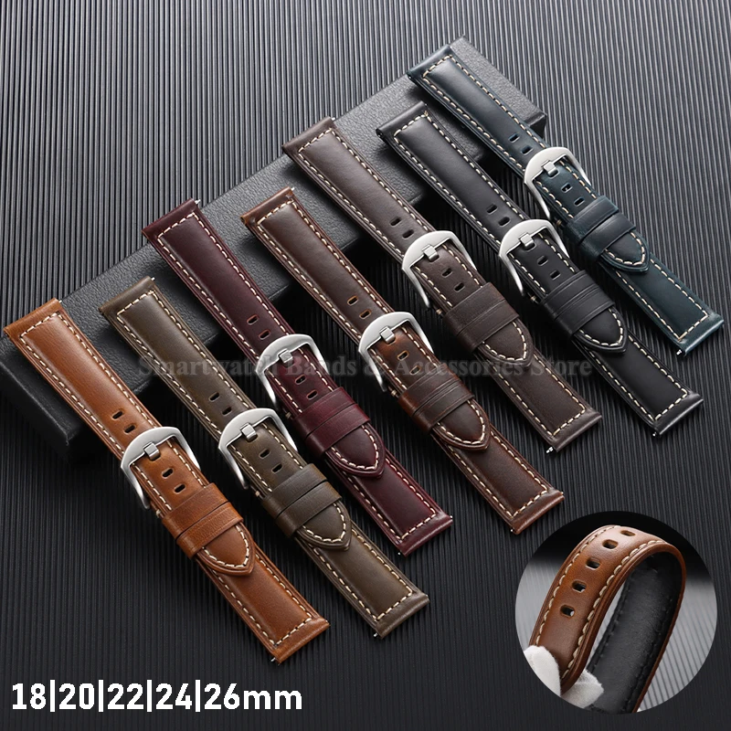 Premium Oil-Waxed Cowhide Leather Watch Strap - Waterproof Quick Release Bracelet