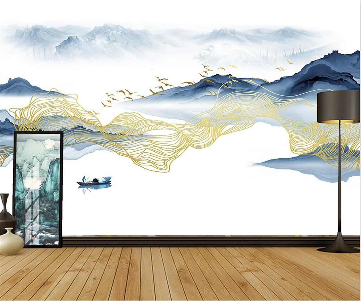 

decorative painting Custom new Chinese style landscape ink postmodern line bird living room TV background wall wallpaper