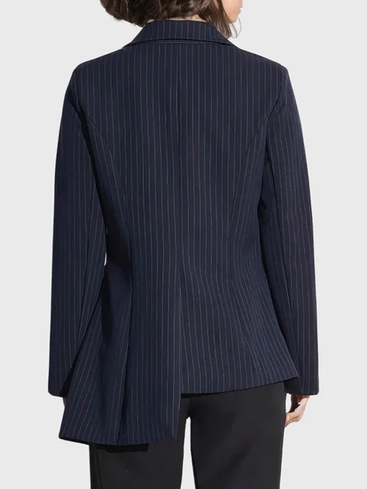 BPN Asymmetrical Striped Blazer For Women Notched Collar Long Sleeve Hit Color Spliced Buttons Temperament Blazer Female Fashion