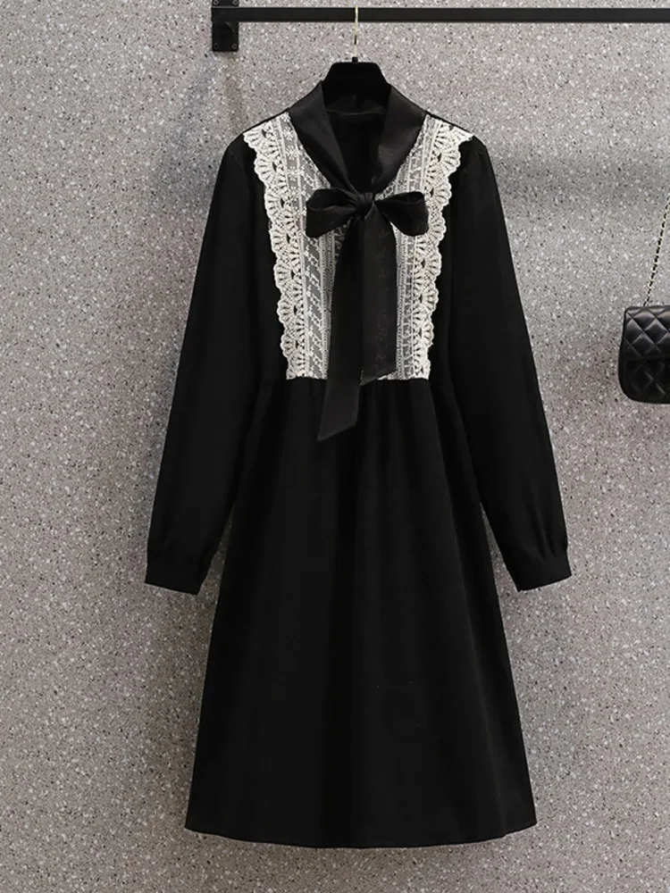 

Autumn Winter French Vintage Elegant Dresses For Women Sweet Bow Collar Long Sleeve Lace Patchwork Pleated Dresses 4XL Vestidos