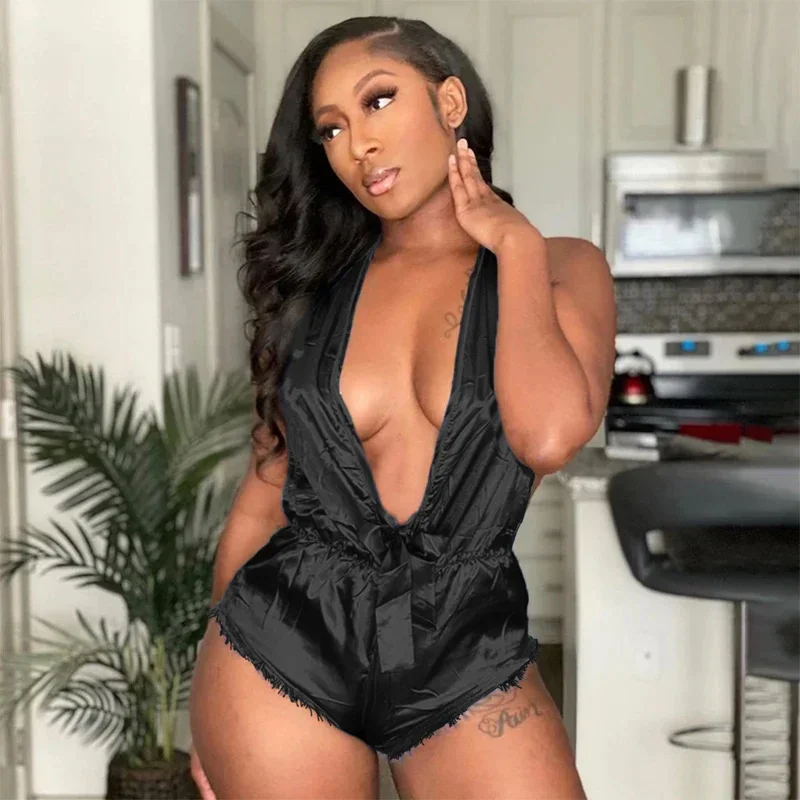 

KEXU Women Satin Halter Deep V-neck Backless Sleepwear Romper Sexy Night Party One Piece Overalls 2023 Playsuit