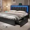 California King Bed Frame with 4 Storage Drawers, LED Light Platform Bed Cal King Size with Charging Station, Bed Frames 1