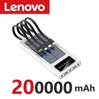 Lenovo 200000mAh Solar Power Bank Built Cables Solar Charger 2 USB Ports External with LED Light Super Fast Charger Power Bank 8
