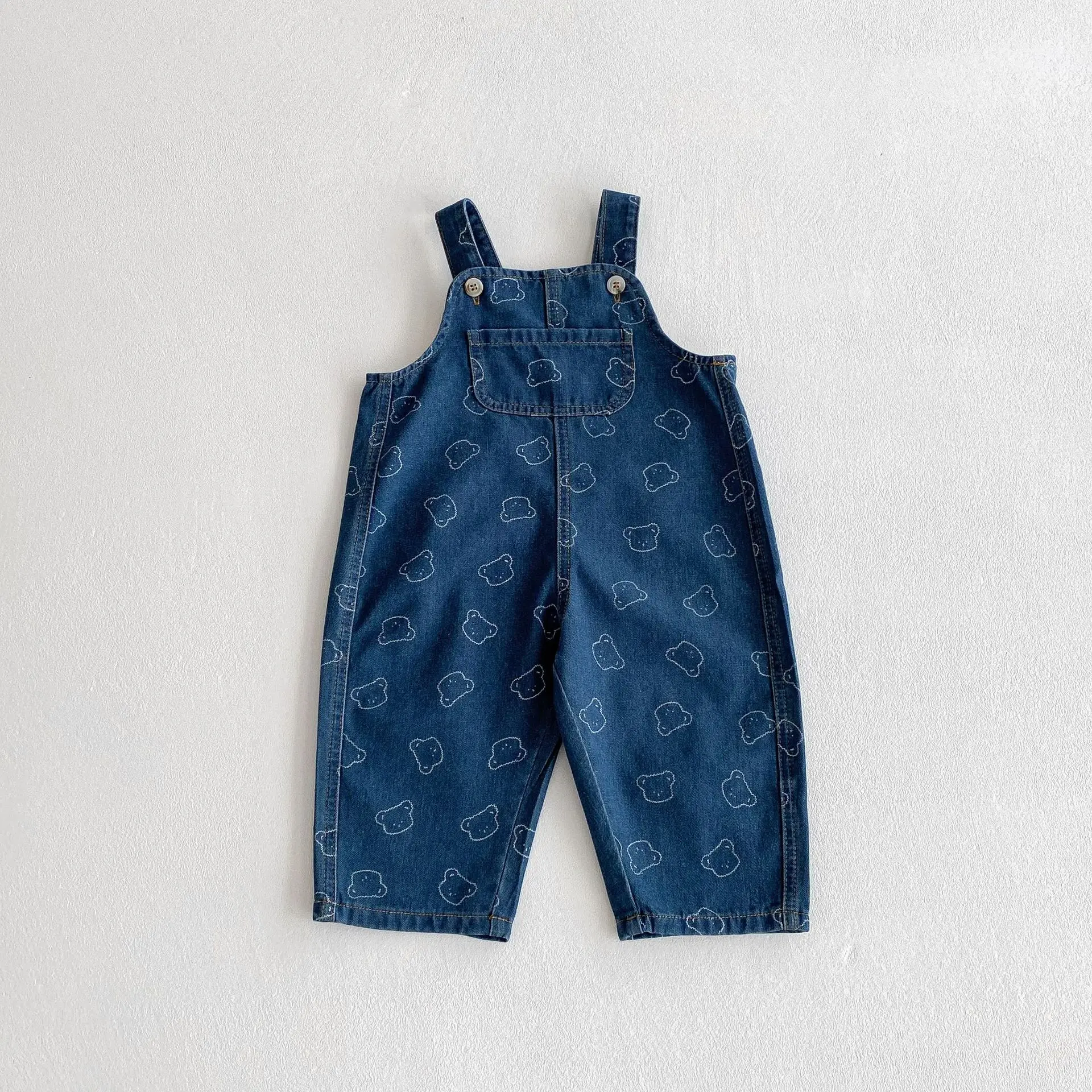 2025 Spring New Children Loose Denim Overalls Cotton Baby Girls Cartoon Bear Print Casual Pants Boys Strap Trousers Kids Jeans