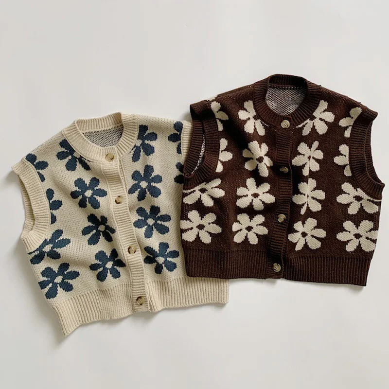 Baby Girls Sweater Baby Knitted Vest Retro Flower Sleeveless Cardigan for Girls Boys Autumn Kids Sweater Children Clothing Fashion Baby Clothes