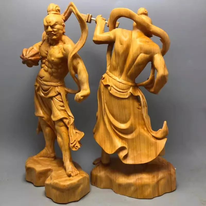 Natural Solid Wood Grand Marshal Marshals Hum Ha Two Will Door God Statue Hand-Carved Home Room Office Decor Figure Statue Suit