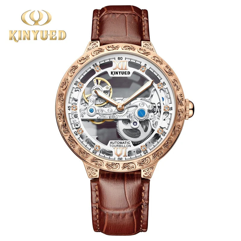 

KINYUED Genuine Automatic Mechanical Watch For Men Moon Phase Chronograph Waterproof Men Wristwatch Leather Strap reloj hombre