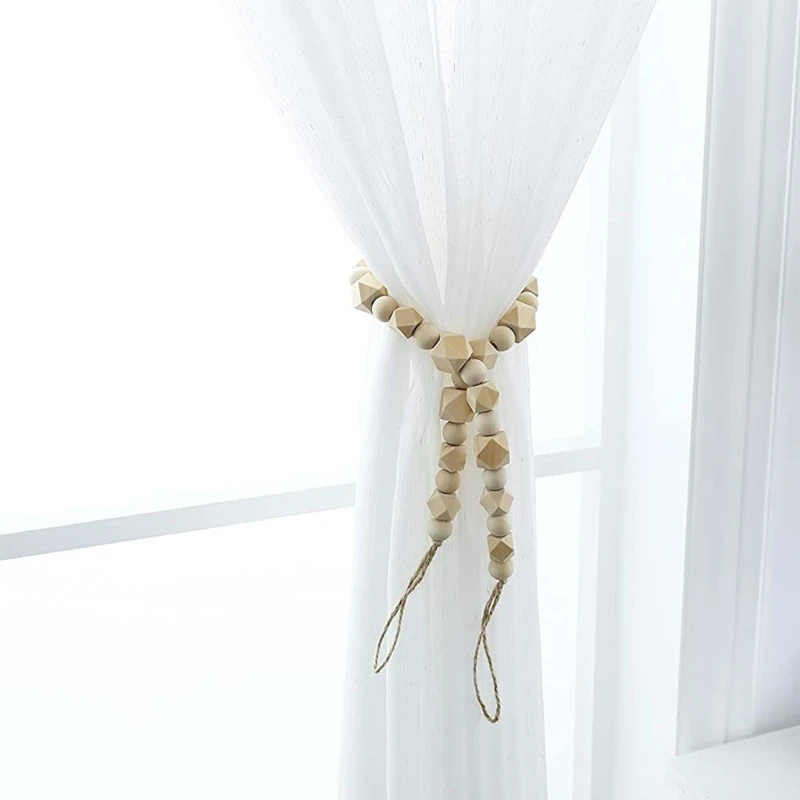 2 Pcs 나무 구슬 커튼 Tieback 커튼 로프 넥타이 농가 페르시 커튼 홀더 Boho 커튼 넥타이 Holdback 장식 커튼
