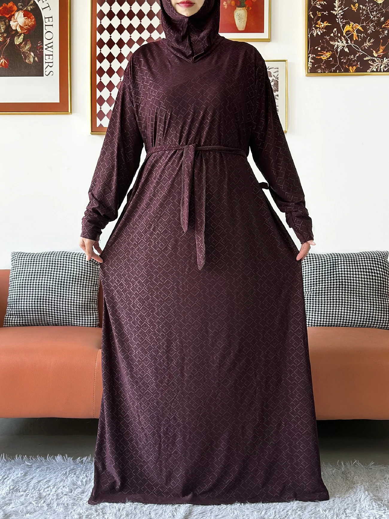 2025 Muslim Solid Abaya For Women Ramadan Prayer Garment Joint Hat Dubai Turkey Middle East Femme Robe Floral Loose Dress 3