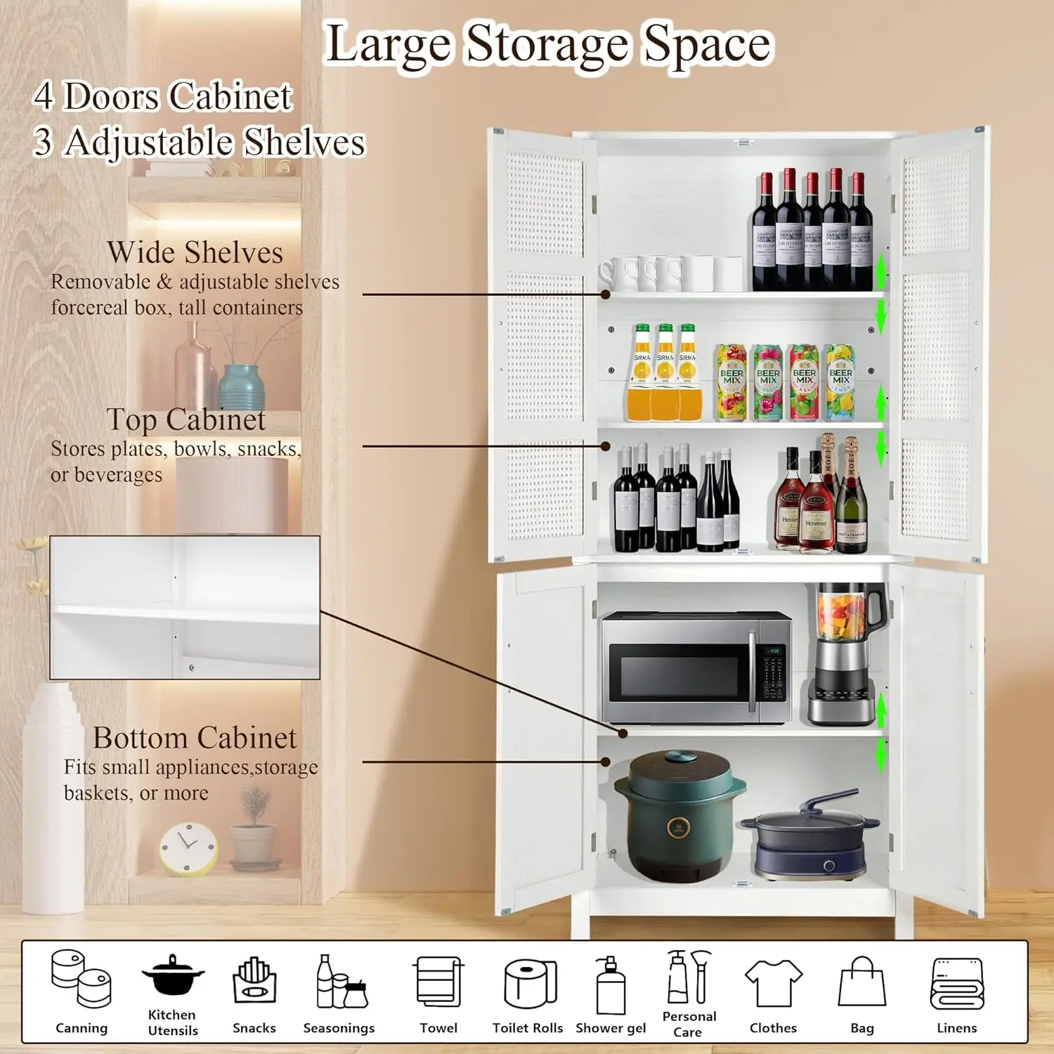 71"Kitchen Pantry Storage Cabinet,Tall Storage Cabinet with Rattan Doors & Adjustable Shelves, Freestanding Cupboard Wood Pantry