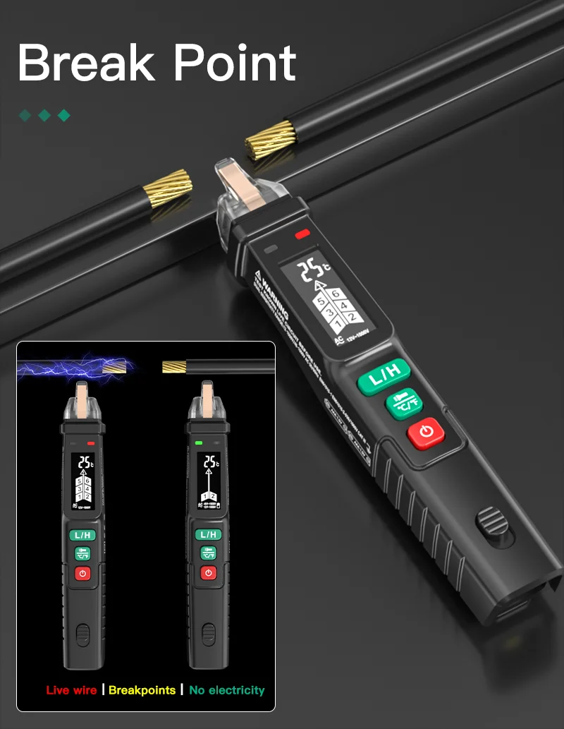MASTFUYI FY18D Non-Contact Voltage Tester LCD Screen Electrical Pen AC Voltage Tester Breakpoint Finder 12V-1000V Temperature