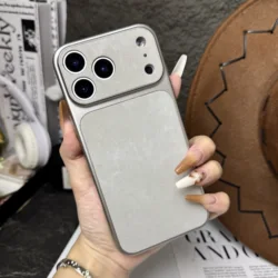 Denim Pattern Leather Phone Case with Large Window and Suede Shell - iPhone 15 (Titanium Gray)