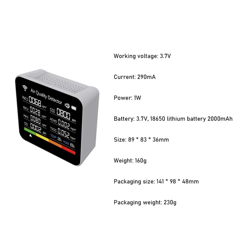 Temperature and Humidity Sensor Air Quality Detector Carbon Dioxide Monitor PM2.5 PM1.0 PM10 CO TVOC HCHO Pollutant Detector