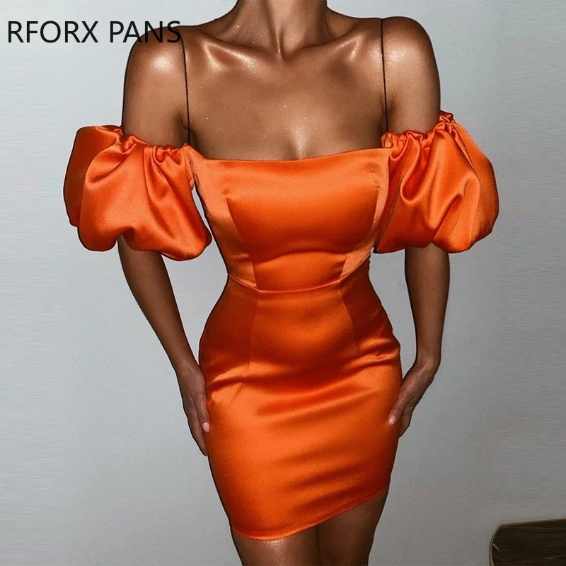 

Women Chic Spaghetti Strap Solid Short Lantern Sleeves Bodycon Party Mini Dress