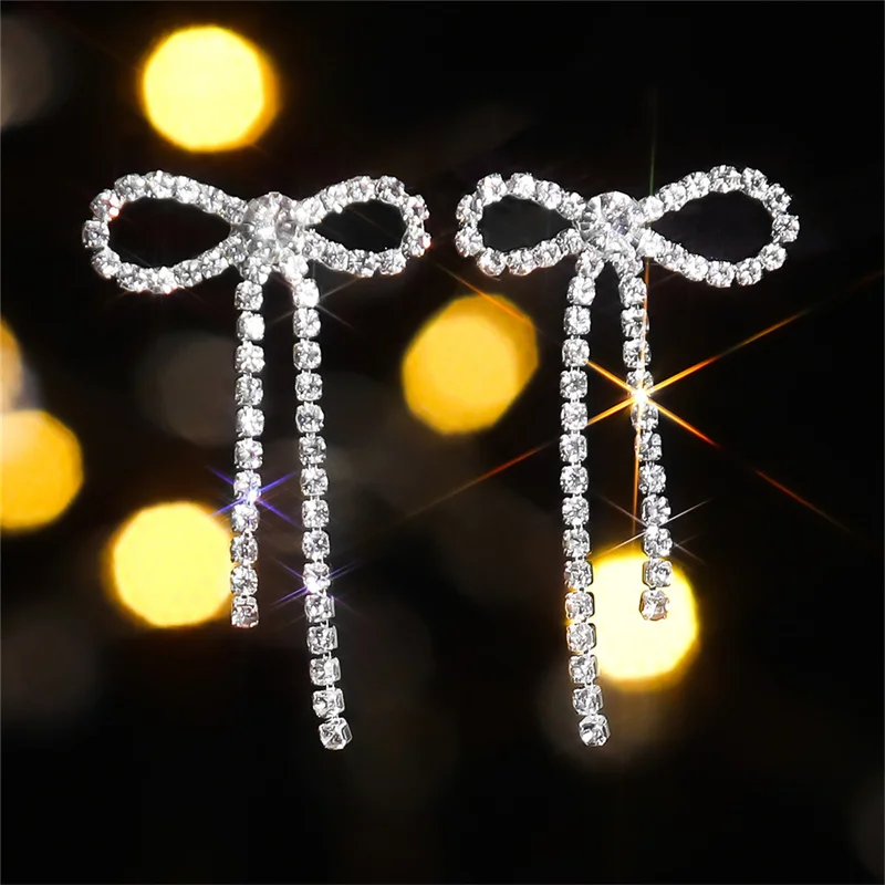 Rhinestone Bowknot Drop Earrings Women Multicolor Bow Tassel Dangle Earring Girls Wedding Party Jewelry Gift