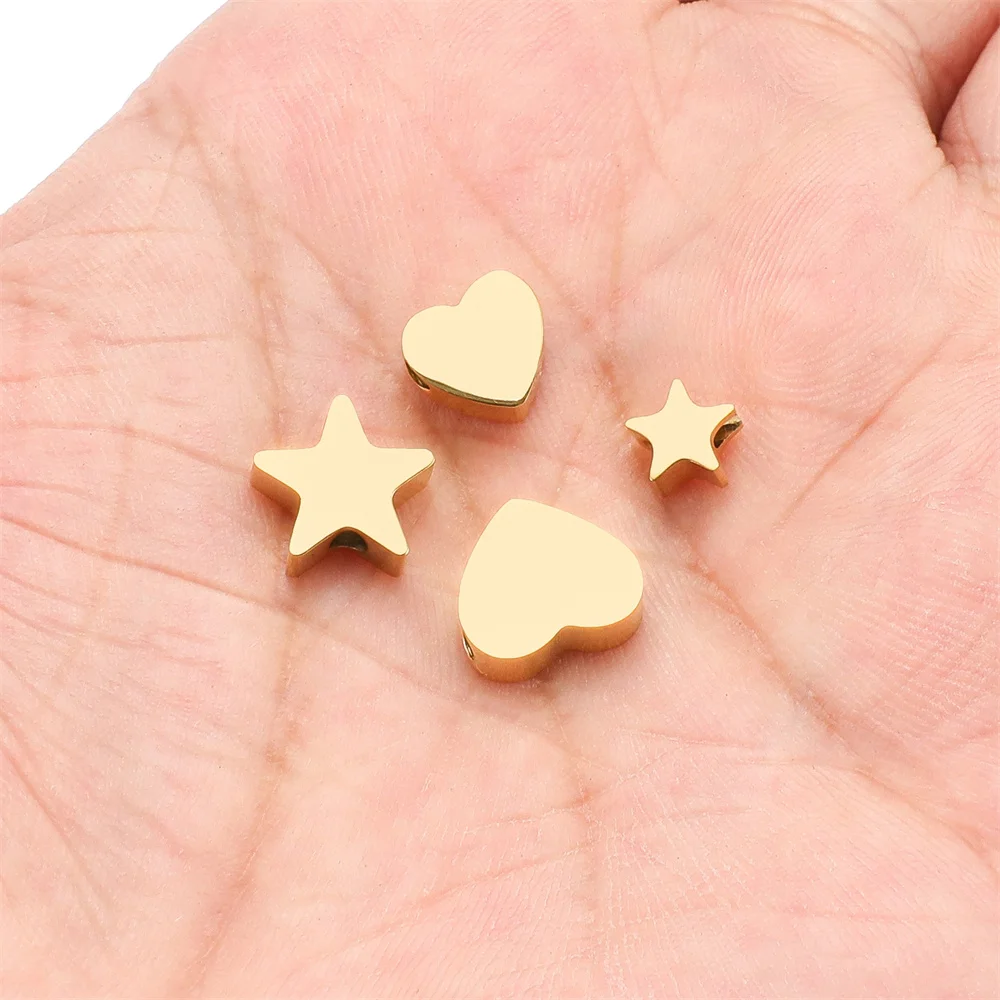 Coração de Aço Inoxidável e Estrela Bead, Cor do Ouro, Contas Espaçador para Pulseira, Colar, Corrente, Fazer Jóias DIY, Encontrar, Alta Qualidade, 5Pcs