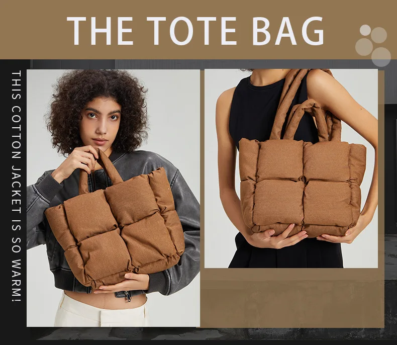 Quilted denim puffer shoulder bag styled with winter outfit