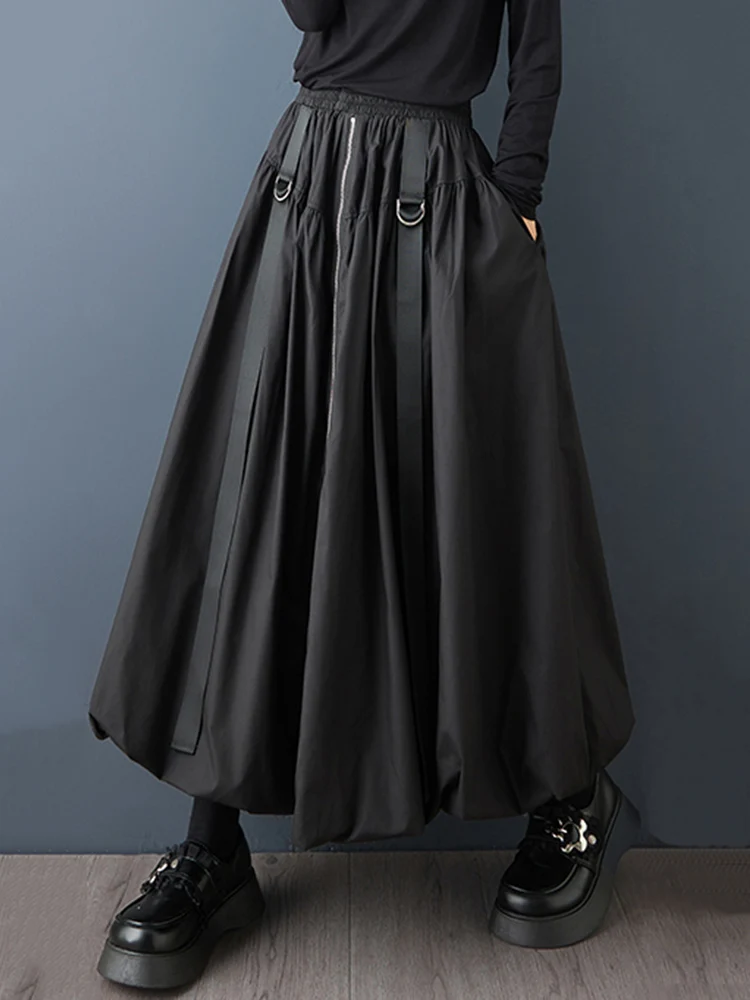Black Vintage Zipper Pleated High Waist Skirt Women New Plus Size Fashion Loose Casual Long Skirts Clothes Sping Autumn 2025