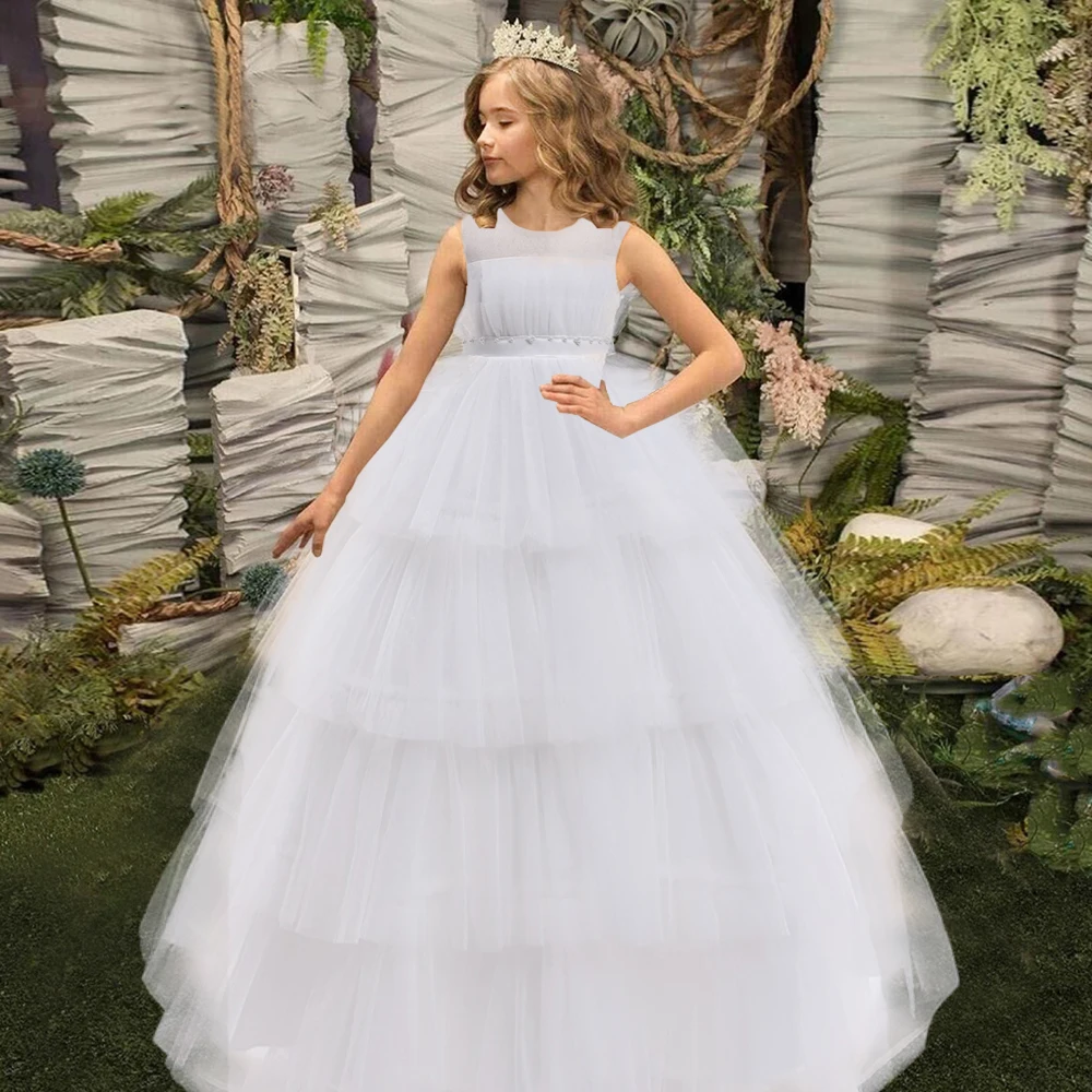 Abito Da Damigella Per Bambina In Tulle Bianco Con Pizzo Floreale E Applicazione In Vita - Taglia 12 Anni