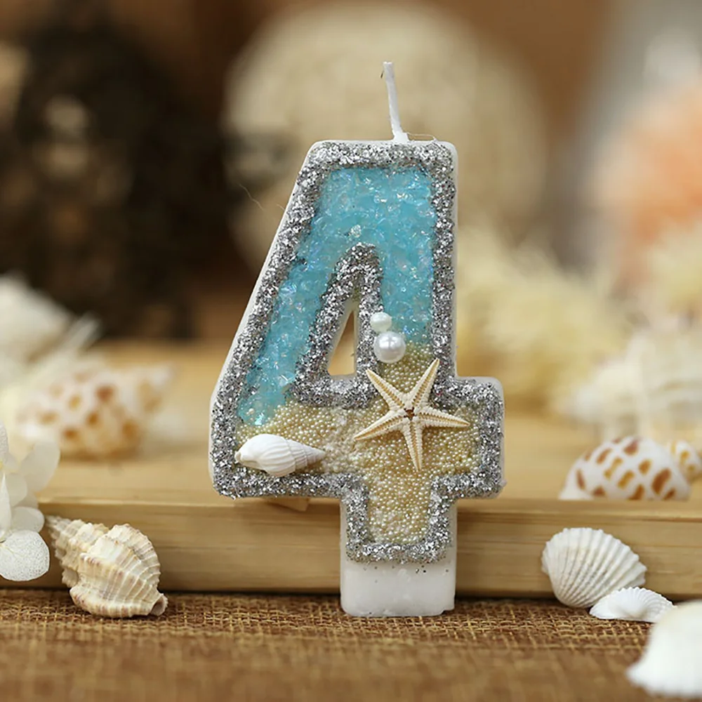3inch Birthday Candle Large Number 4 Candle Marine style Beach Starfish Seashells Cake Topper for Kids Birthday Party Decoration cake topper