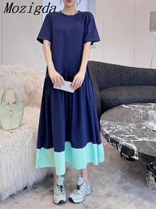 Summer Long Dress Women Colour Patchwork Fashion Ruffle Pleated Loose Casual Ladies Dresses Short Sleeve A-Line Woman Dress