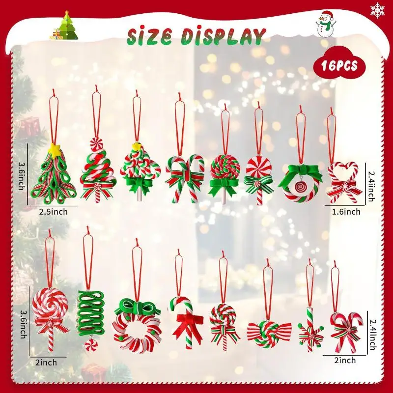 16pcs Christmas Lollipop Ornaments Colorful Wood Candy Cane Hanging Decoration Peppermint Pendants For Xmas Tree
