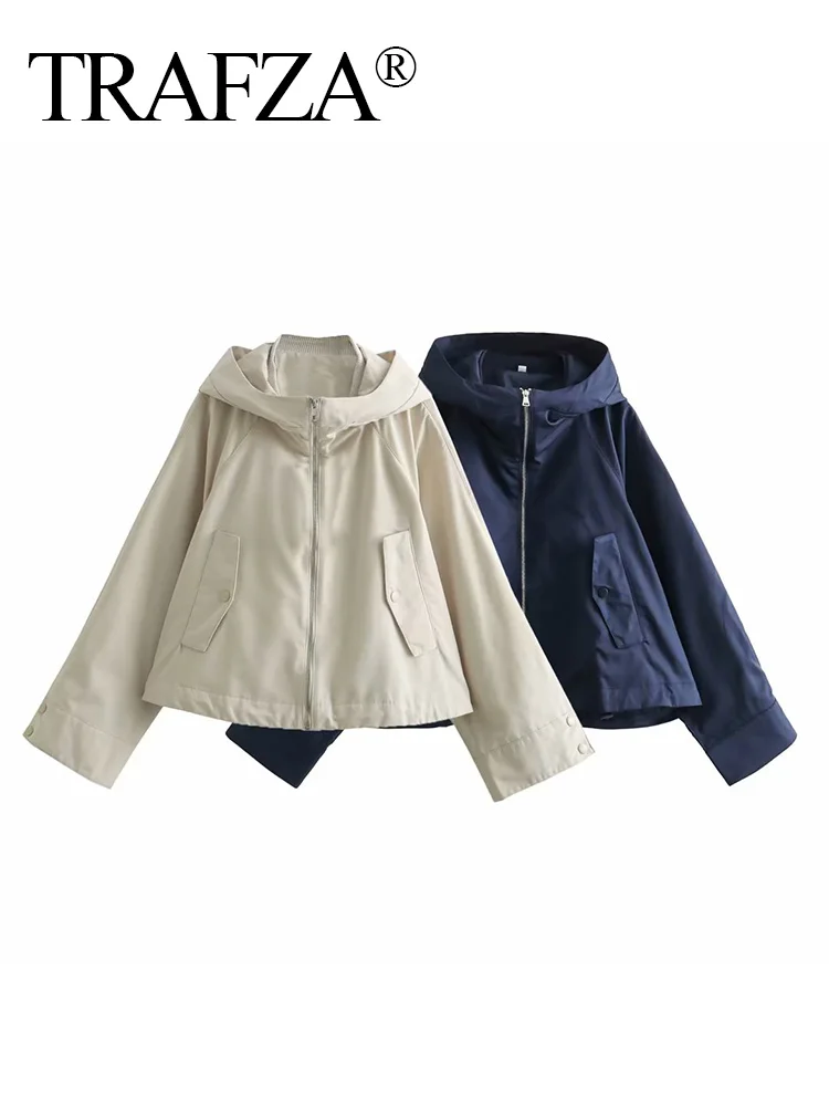 

TRAFZA 2024 Fashion New Elegant Casual Jacket Chic Loose Jacket Autumn Hooded Women's Coat Street Warm Parkas Youth Student Coat