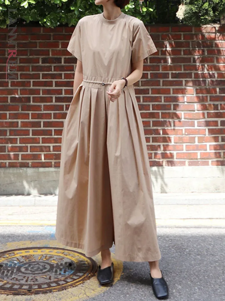 

LANMREM Women Cotton Linen Jumpsuits Solid Color O-neck Short Sleeve Elastic Waist Wide Leg Pants 2023 Summer Clothing 2I469