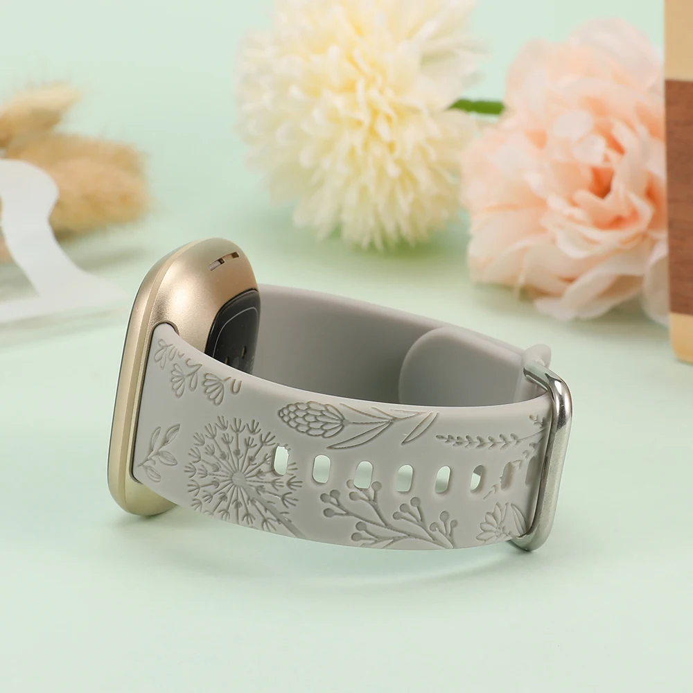 Flower Engraved Replacement Band For Fitbit Versa 4/Versa 3/Sense 2 - Dandelion Silicone Strap For Women