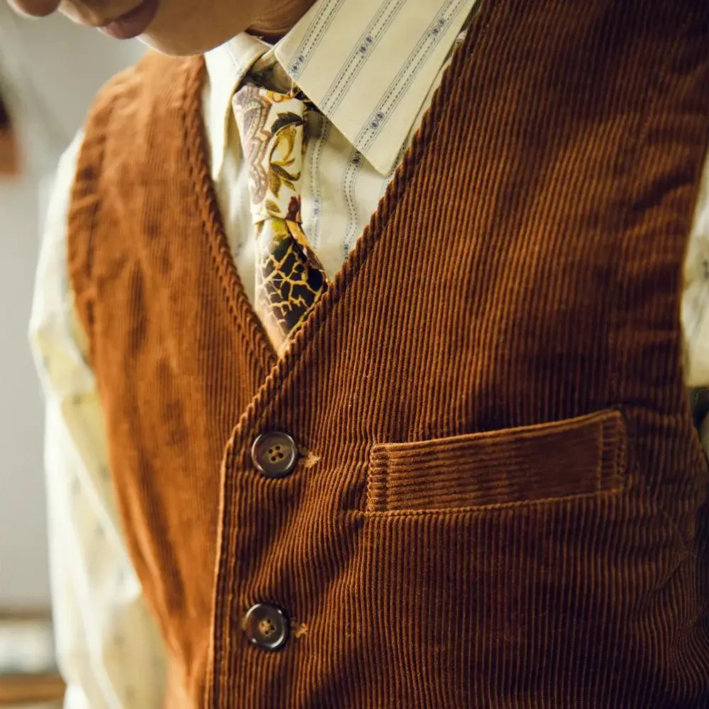 

Red Tornado Vintage Style Corduroy Waistcoat Winter Men's Casual Vest Cords Brown