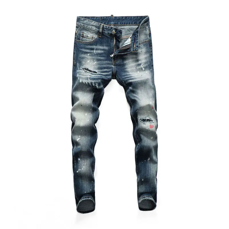 Street Fashion Men Jeans High Quality Retro Washed Blue Stretch Slim Fit Ripped Jeans Men Painted Designer Hip Hop Brand Pants