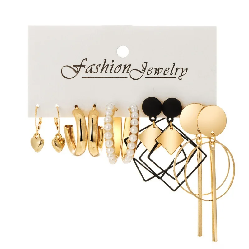 LATS Boho Big Circle Hoop Earring Set for Women Gold Color Bohemia Vintage Pearl Square Earring Heart Zircon Ear Studs Jewelry 32