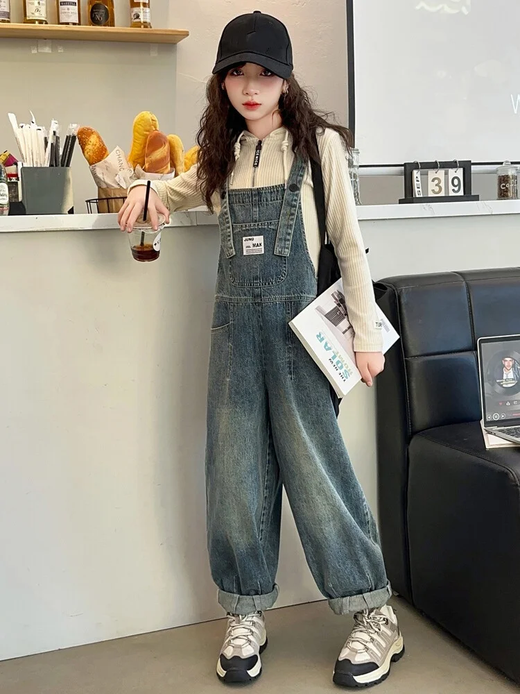 봄철 편안한 여아용 데님 멜빵 바지 아동 청바지 오버올 멋진 아동복 패션 의류..