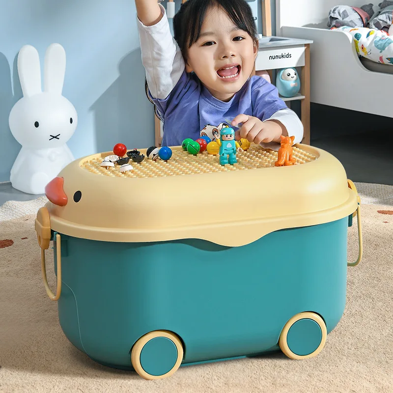 Cartoon Duck Shape Toy Storage Box with Wheels Storage Bin Portable Baby Clothes Storage Case Multipurpose with Handles for Kids Bedroom Green Middle