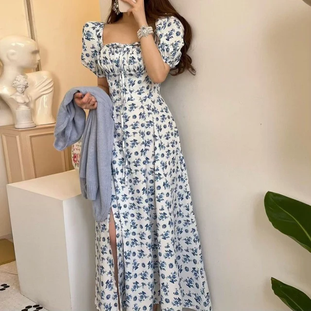 Elegant Puff Sleeve Floral Print Dress Women Summer High Split Long Dresses Woman 2025 Zipper Square Collar Party Dress Female - Image 6