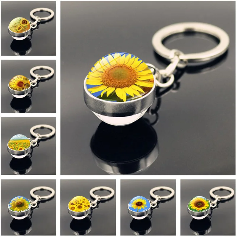 

Sunflower Pattern Keychain Pendant Double Sided Glass Ball Pendant Metal Keychain Classic Gift