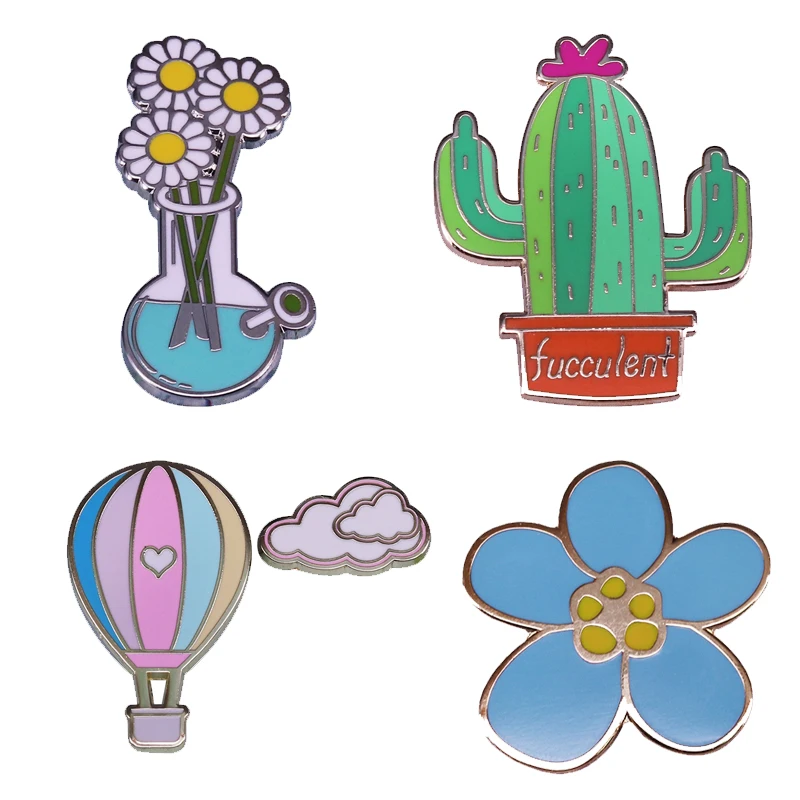 Love Life Enamel Pin Set Hot Air Balloon,cloud Brooch Cute Cactus,daisy