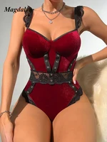 Magdalyn Women Velour Lace Bodysuits Fashion Casual Skinny Velvet Combination Rompers Chic Sexy Strappy Floral Bodycon Catsuits - Image 4