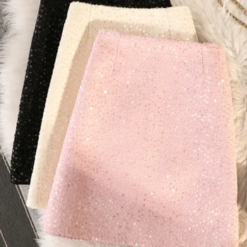 SMTHMA New Autumn Winter Small Fragrant Short Skirt Shiny Half Skirt Fleece Sequin Thick Flower Fabric Wrapped Hip Tweed Skirt