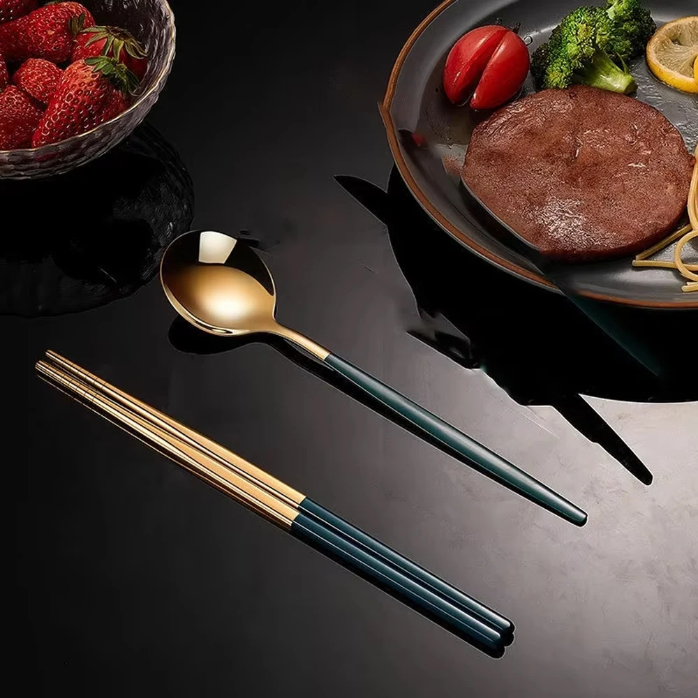 Tableware Set 4pcs Household Black Gold Cutlery Set Chopsticks Spoon Green Gold Stainless Steel Kitchen Dinnerware Set