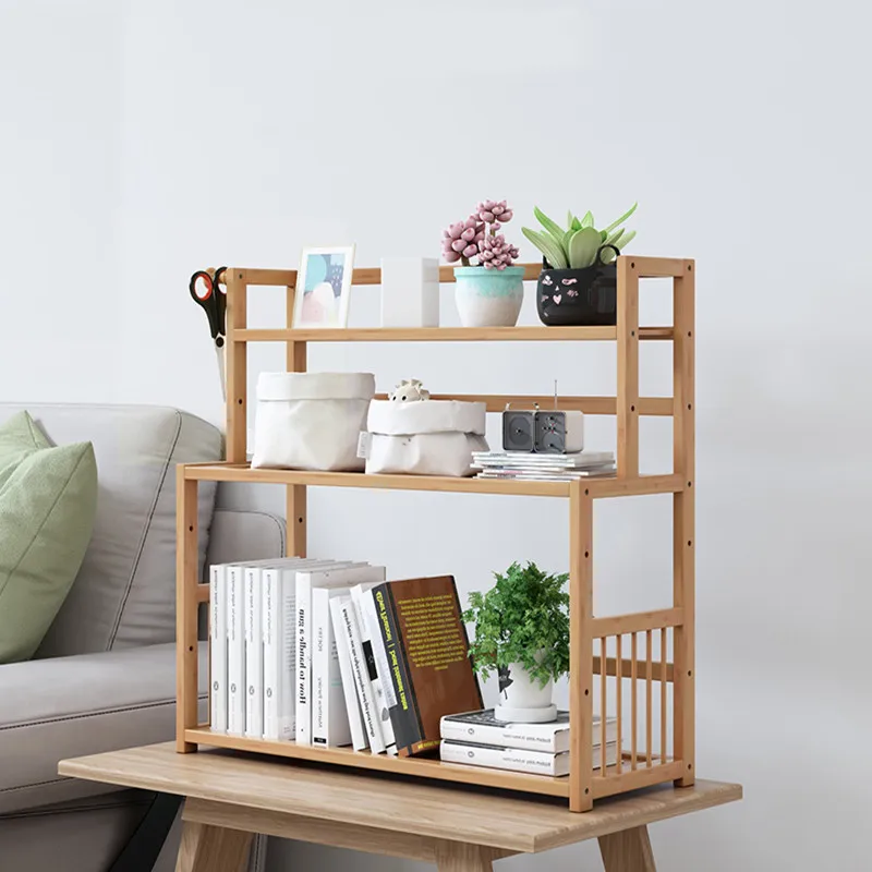 

Wooden Bookshelf Office Student Stationery Organizer Magazine Holder Bamboo Sundries Storage Shelves Flower Pot Display Rack