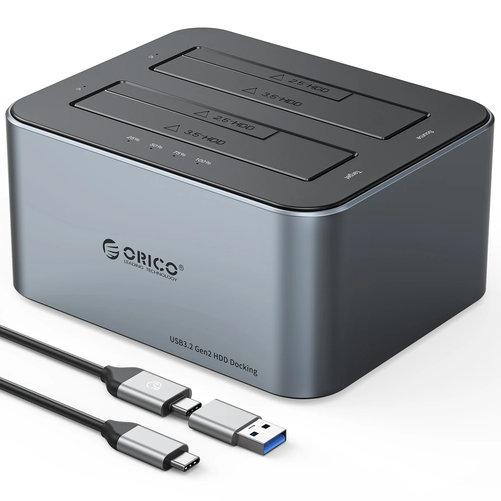 ORICO Aluminum Dual-bay Hard Drive Station Type-C 10Gbps Offline Clone 2.5/3.5