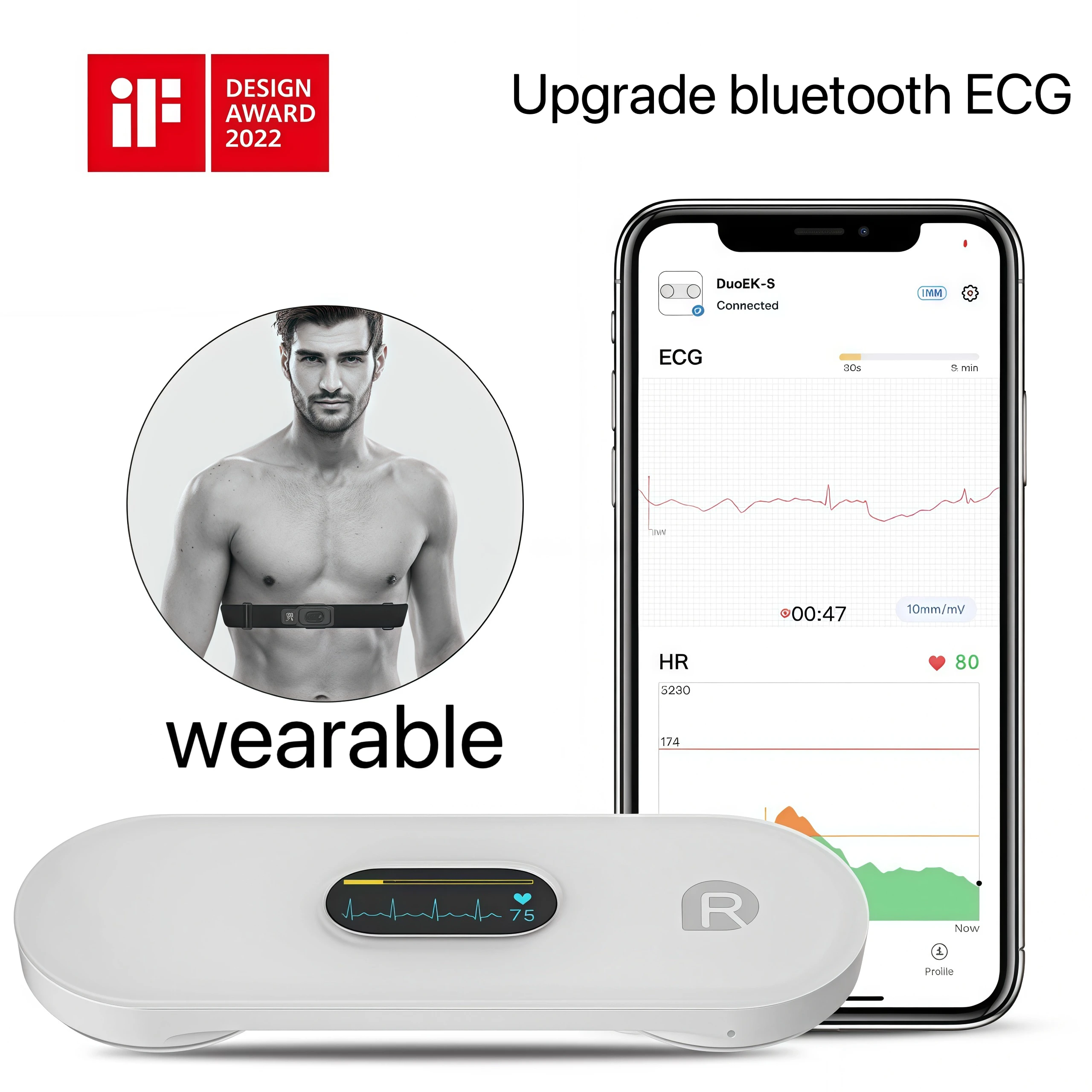 Upgraded version, Bluetooth ECG heart rate monitor, wearable lead ECG machine AI analysis real-time tracking dynamic recorde